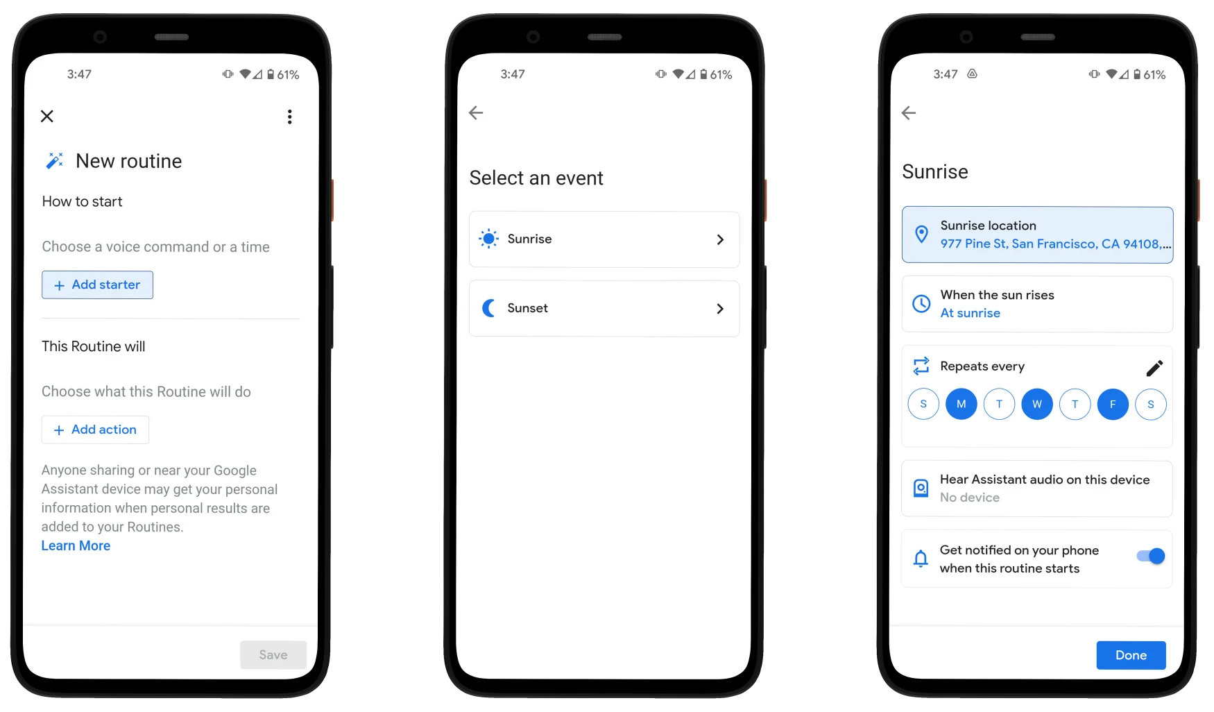 Google Assistant Routines sunset and sunrise. Three screenshots showing Google's new Sunrise and Sunset routines.