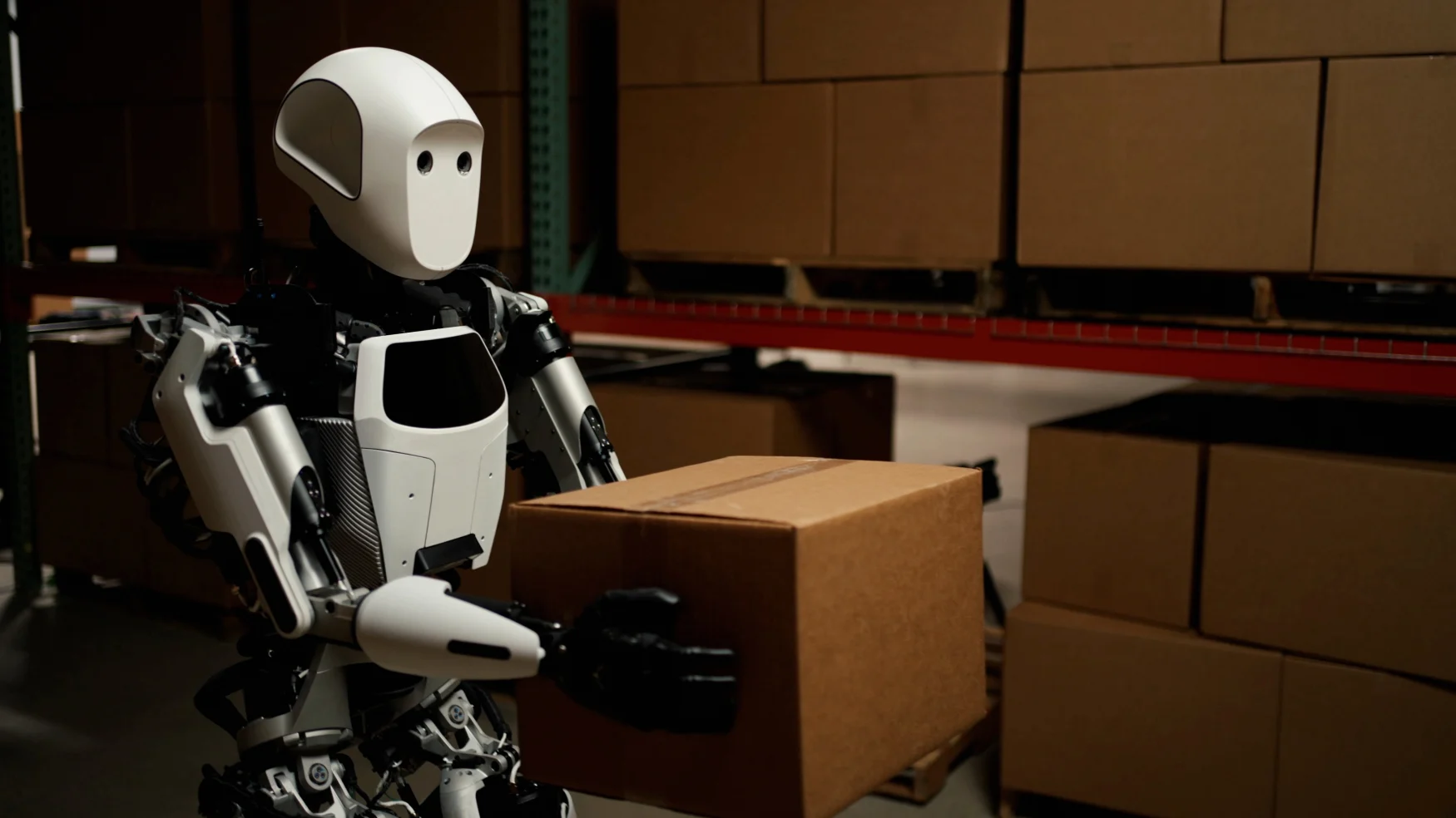 A white and black humanoid robot carries a standard brown box in a warehouse full of other brown boxes.