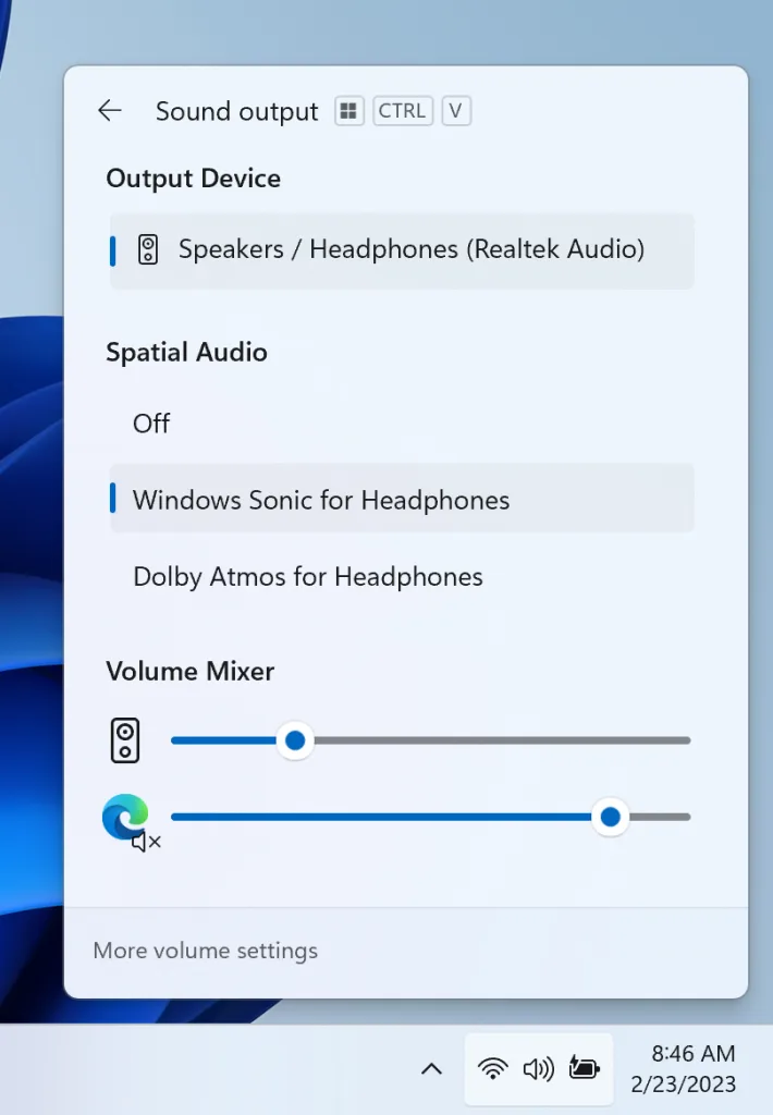 A screenshot of Windows 11's redesigned volume mixer, currently available to Windows Insiders. 