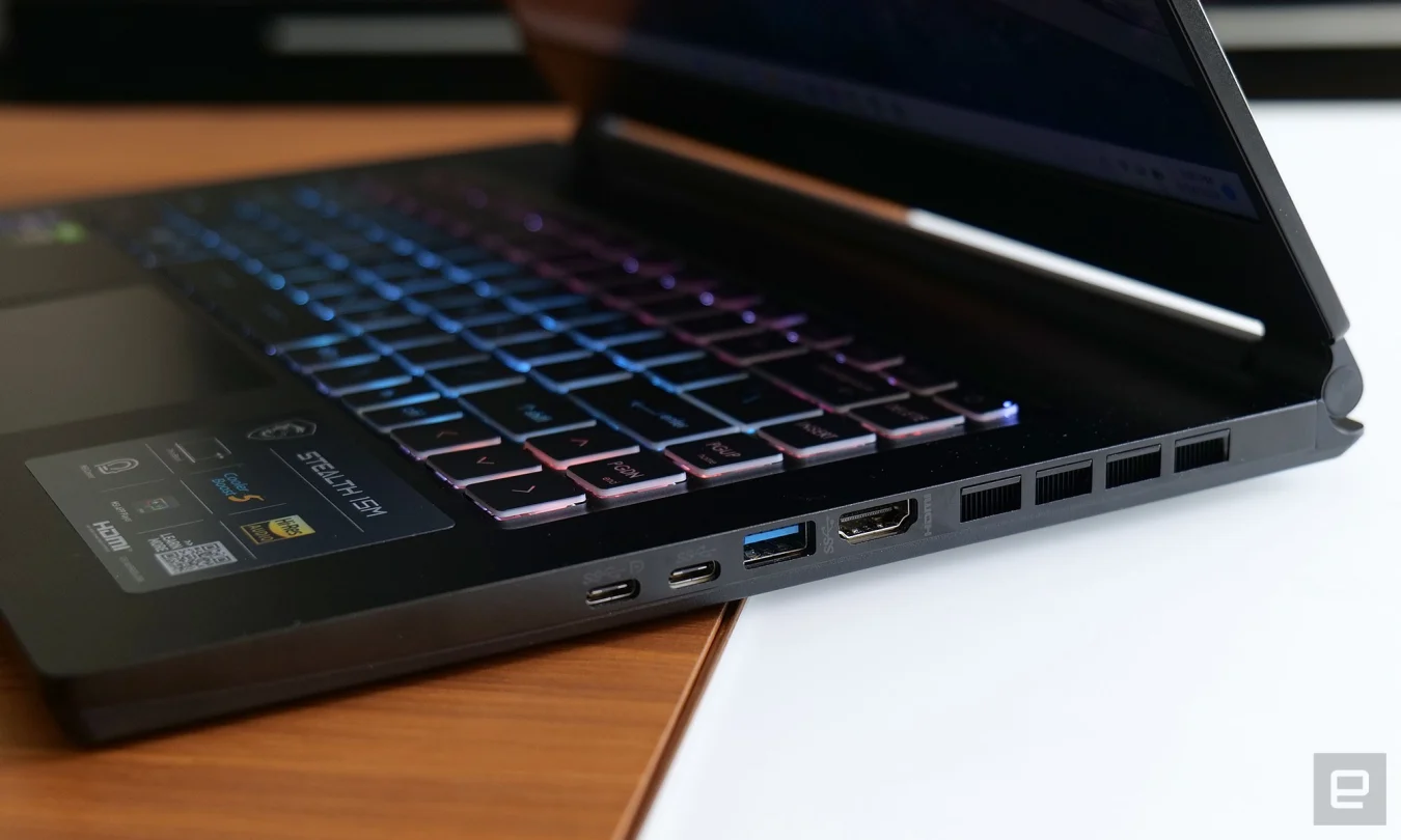 The Stealth 15M has a great selection of ports, including two USB-A ports, two USB-C ports, a full-size HDMI 2.1 port, and a headphone/microphone combo jack.