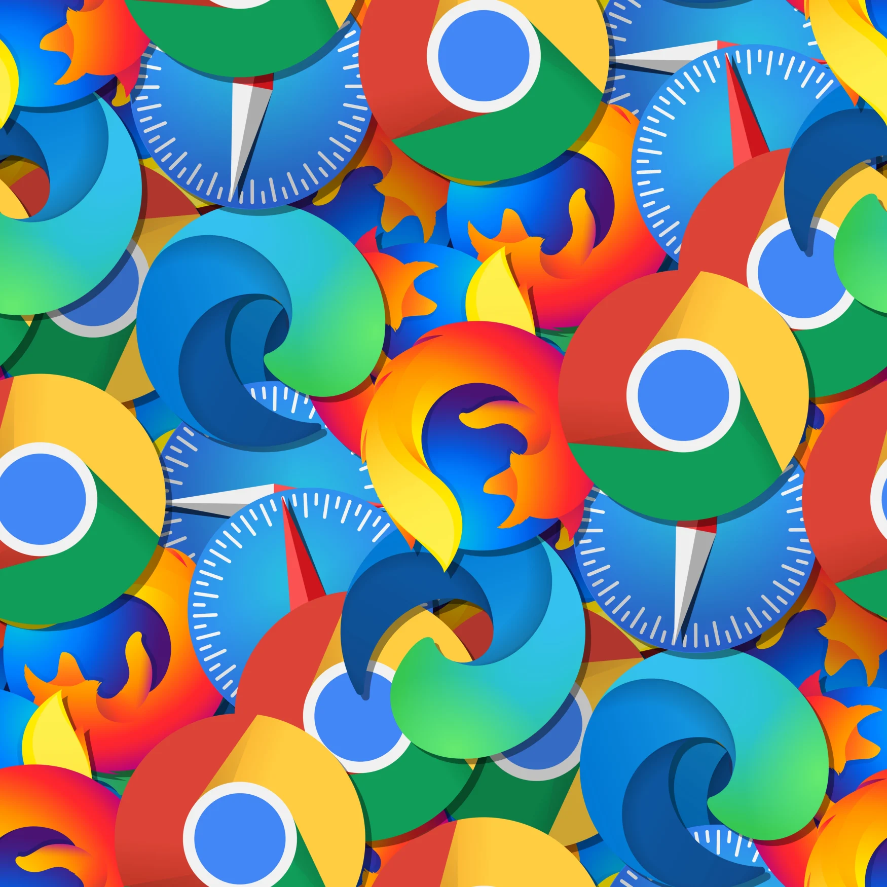 Seamless pattern with browsers Edge, Chrome, Safari and Firefox. A variant with small icons.