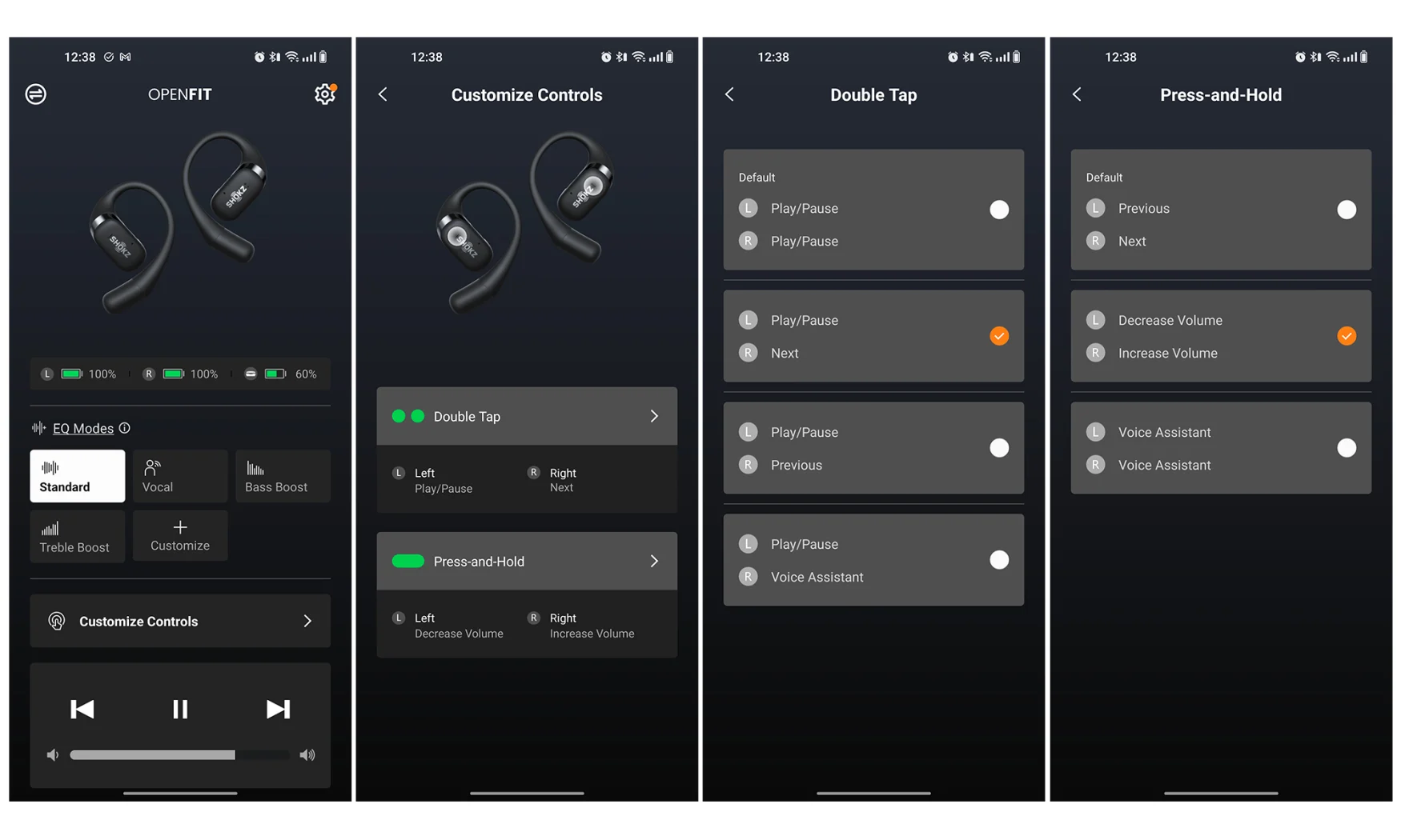 Screenshots of the Shokz OpenFit app settings menu.