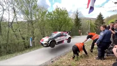 Flying Toyota GR Yaris WRC rally car misses drunken, brawling spectators by seconds
