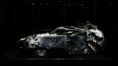 Romain Grosjean's burned F1 car on display