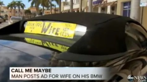 <h6><u>Florida man uses BMW to advertise for a wife</u></h6>