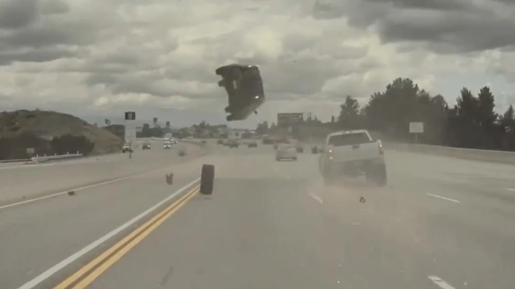 Watch loose wheel launch a Kia Soul into the air on L.A. freeway