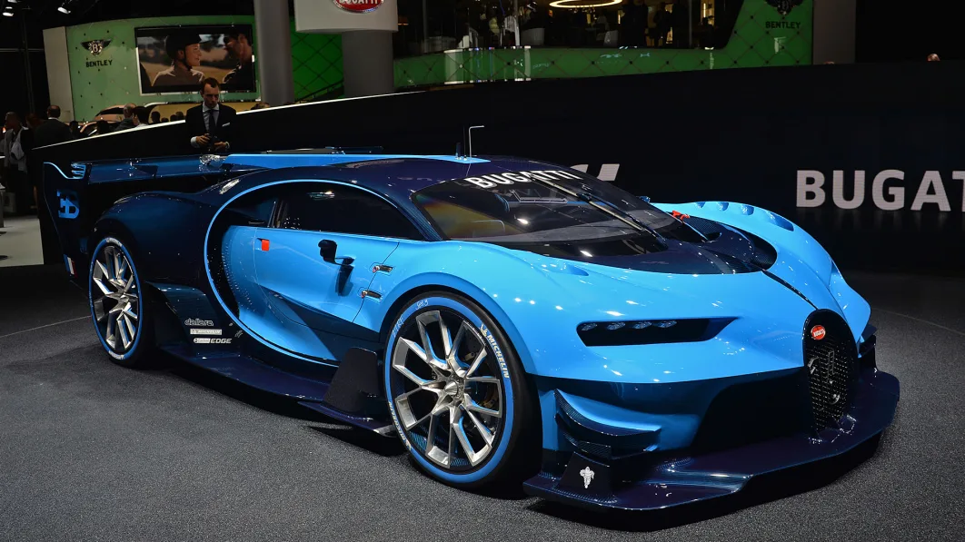 The Bugatti Vision Gran Turimso, designed for the Sony Playstation game Gran Turismo, at the 2015 Frankfurt Motor Show, front three-quarter view.